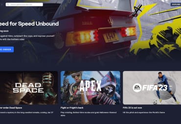 A view of the main EA app with Need for Speed Unbound being advertised and ads for Dead Space, Apex Legends, and FIFA 23