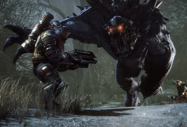A player aiming at a monster (also controlled by a player) in Evolve