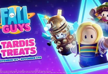 Fall Guys jellybeans dressed as the Thirteenth Doctor, the Fourth Doctor, and a Dalek for the Fall Guys Doctor Who crossover