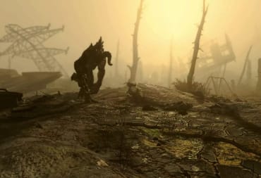 Screenshot in game of Fallout 4 where a very creepy and mysterious creature lurks within the depths of the apocalyptic fog in the distance,  Fallout 4 PS5