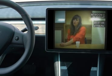 The main character of Sam Barlow's game Her Story superimposed onto a Tesla dashboard