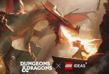 A dragon breathing fire onto a warrior's shield in the Lego DnD competition artwork, which also has Lego and Dungeons & Dragons logos