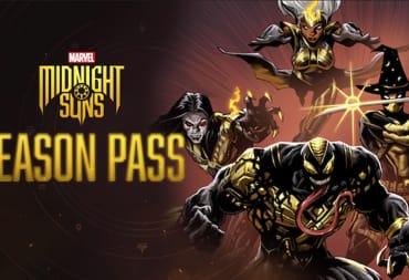 Screenshot of Marvels Midnight Suns game header for the season pass, showing Venom, Deadpool, Morbius, and Storm, 