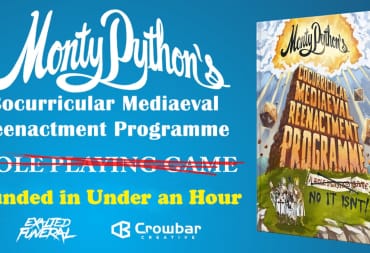 Promotional art for the Monty Python TTRPG Kickstarter announcing it is fully funded