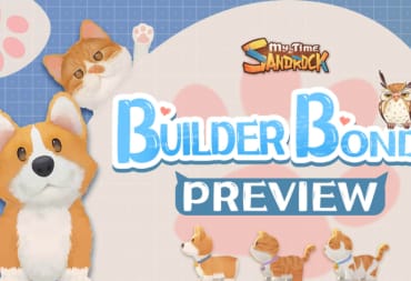 An image showing the text "My Time at Sandrock Builder Bonds preview" with cute animals surrounding the text