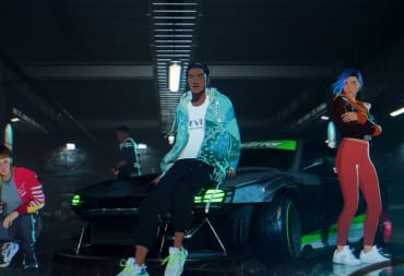 Three characters surrounding a car in Need for Speed Unbound