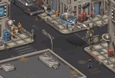 The main character standing on a street as a UFO flies past in the clearly Fallout-inspired New Blood CRPG