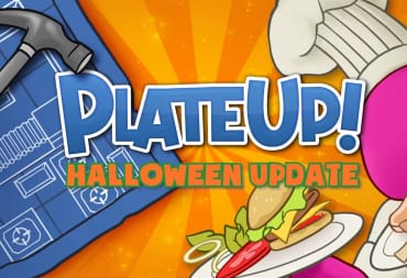 A banner showing a hammer, a blueprint, a chef, and a couple of dishes as part of the PlateUp! Halloween update