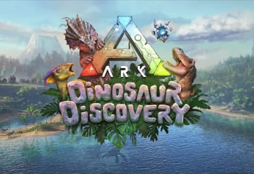 Ark: Dinosaur Discovery header image, where we see the logo in front of a vast blue lake and beach 