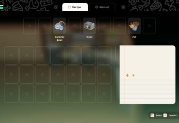 Coral Island Cooking Guide, screenshot of the stove where it shows the players utensils available as well as the recipes and manual tab at the top 