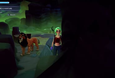 Screenshot of Scar standing within his cave, with a green glow surrounding him and the player in Disney Dreamlight Valley 