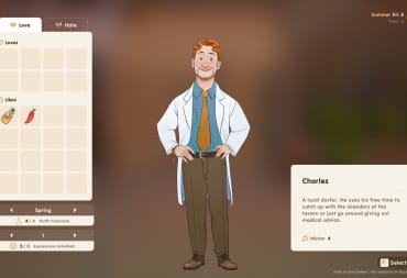 Screenshot of Charles from Coral Island, who is a doctor, in the character menu showing their likes and loves as well as their biography.
