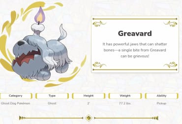 Screenshot of the new ghost Pokemon, Greavard, with all of their stats and abilities listed 