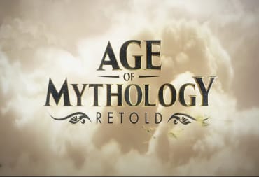 Age of Mythology Retold Header image, with a bright golden sky in the background filled with puffy white clouds