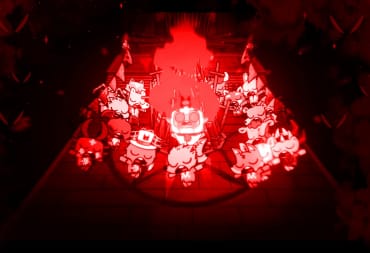 Screenshot of the Cult of the Lamb Blood Moon Festival update, where we see the followers gathered around the lamb performing a ritual