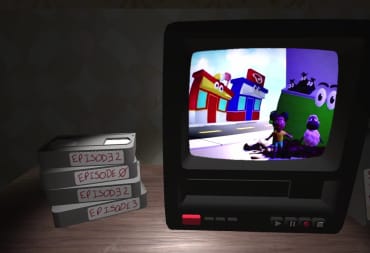 Screenshot of Amanda the Adventurer game, where we see a stack of VHS tapes on the desk as well as the box tv playing the tapes that show Amanda and Woolie 