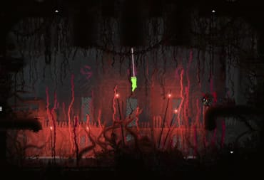 Screenshot from the Rain World: Downpour DLC release date trailer, showing the slugcat sliding down into the red depths of the flooded map
