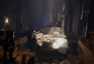Screenshot of Lord of the Rings: Return to Moria, where we see the main player standing above a crumbling cavern with water pooling in 