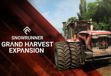 SnowRunner season 8 screenshot shows off a tractor and the logo of the expansion