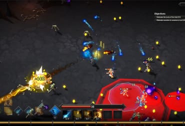 Soulstone Survivors header image, where we see the main character traversing the map and shooting enemies as they run in full speed at the player. 