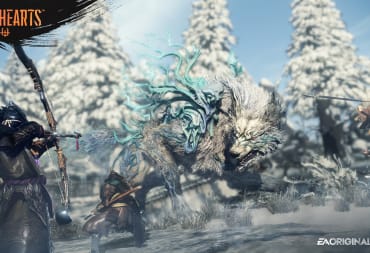 A snowy landscape and a large wolf like creature in front of the hunter and pointing his bow and arrow at the creature, image overlay in the top left says Wild Hearts, and bottom right identifies EA and Koei Tecmo