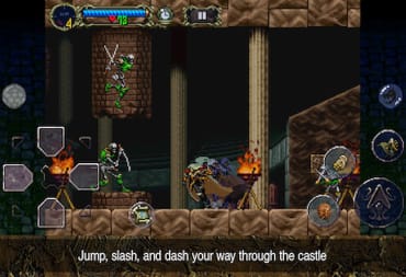 Screenshot from Google.play of Castlevania: Symphony of the Night, where the player stands within the castle and it tells the player what the objective is: Jump, slash and dash your way through the castle. 
