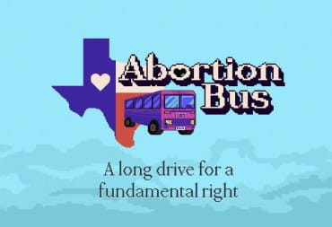 The Abortion Bus logo, which shows the Texan state, a bus, and the caption "a long drive for a fundamental right"