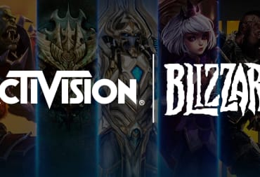 The Activision Blizzard logo superimposed over a set of the company's franchises