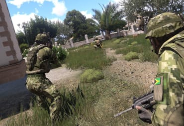 Soldiers moving through a grassy area in Arma 3