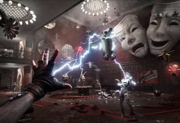 Atomic Heart Game page header, showing the main character shooting lightning from their hand to shock enemies