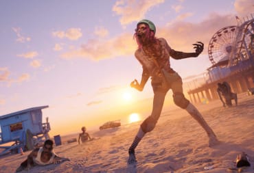 An angry zombie screaming on a beach while other zombies claw their way towards her in Dead Island 2