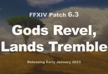 The Final Fantasy XIV Patch 6.3 name, Gods Revel, Lands Tremble, superimposed over an image of the Euphrosyne raid