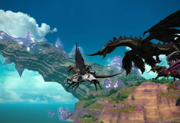 The player soaring across the skies on a mount in Final Fantasy XIV