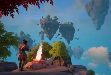 Frozen Flame Release Date, Screenshot of the player standing amongst floating islands in front of a cozy hand built campfire.
