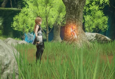 The player character looking at a fairy in an idyllic woodland location in Harvestella