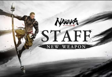 Naraka Bladepoint staff header shows a character wielding the weapon on a black and white background.