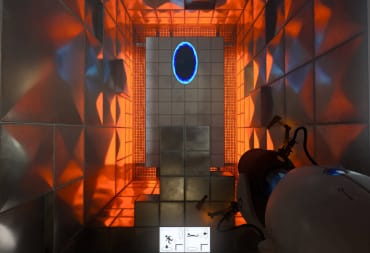 Chell standing in a puzzle room and looking at a blue portal in Portal with RTX