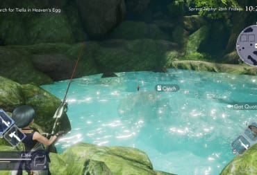 Screenshot of player casting their line in Harvestella into the water of Birds eye brae fishing - Harvestella Fishing Guide 
