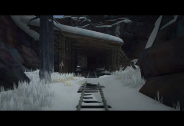 Screenshot from the long dark of an abandoned train track, covered in snow and looking toward a tunnel, The Long Dark Expansion Pass 