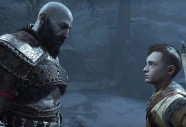 God of War Ragnarok trailer screenshot where we see Kratos and his son looking at each other in the snow 