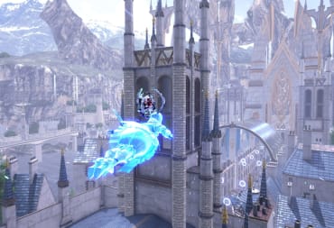 A ghostly character soaring through a majestic city in Star Ocean 6, otherwise known as Star Ocean The Divine Force
