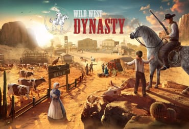 Key art for Wild West Dynasty, which shows a cowboy, a ranch, and a classic Western town with bandits holding up civilians