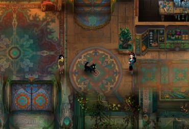 An adorable dog in the middle of the mansion in Children of Morta's animal DLC Paws and Claws