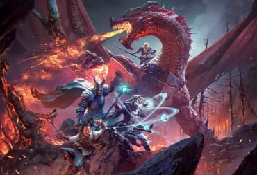 Artwork of a party facing a dragon in the world of Dragonlance