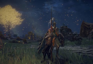 The player leaning against a knight in the peaceful Elden Ring mod