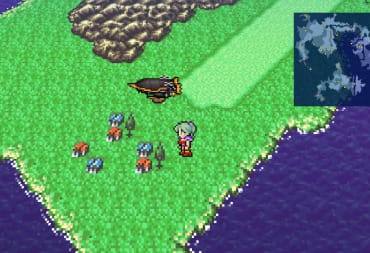 Terra standing on the world map next to a town and the Blackjack airship in the Final Fantasy 6 pixel remaster