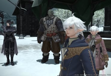 Final Fantasy XIV header showing four characters and a icy ground.