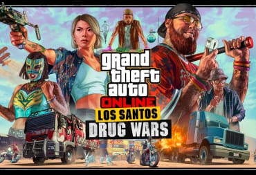 A typically over-the-top GTA Online update banner showing several characters, exploding vehicles, and more