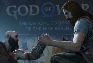 Kratos and Tyr clasping hands with the God of War: The Official Cookbook of the Nine Realms cover art in the background