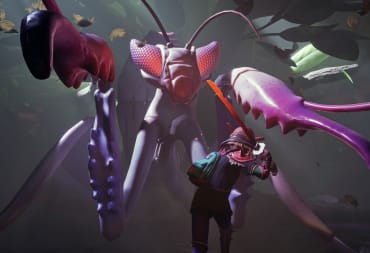 Grounded Screenshot from steam of the player slashing a large purple praying mantis with a sword